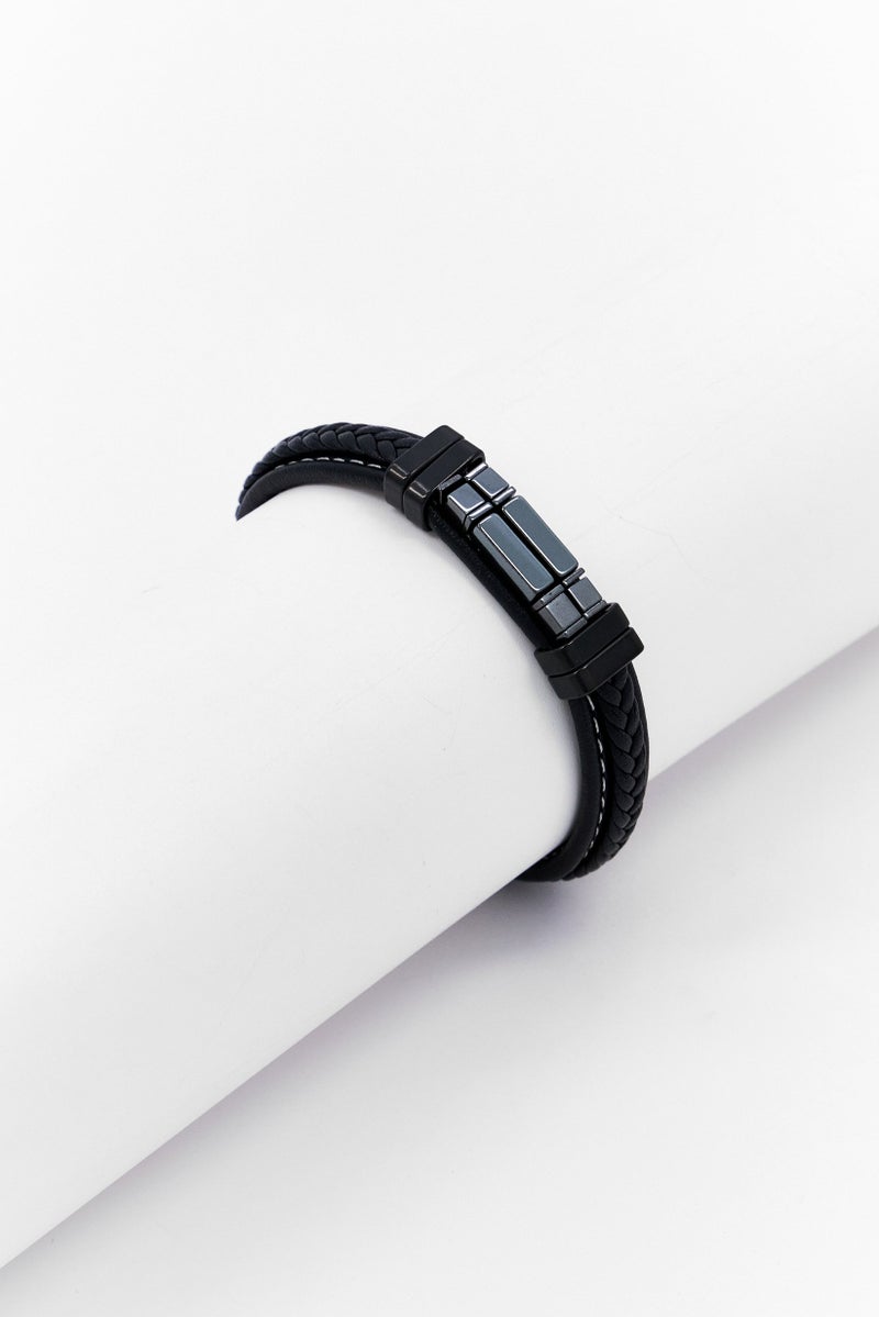 Steeltime سوار معرف من خرز الهيماتيت والجزع مع خيوط من الفولاذ المقاوم للصدأ للرجال، أسود - Image 1